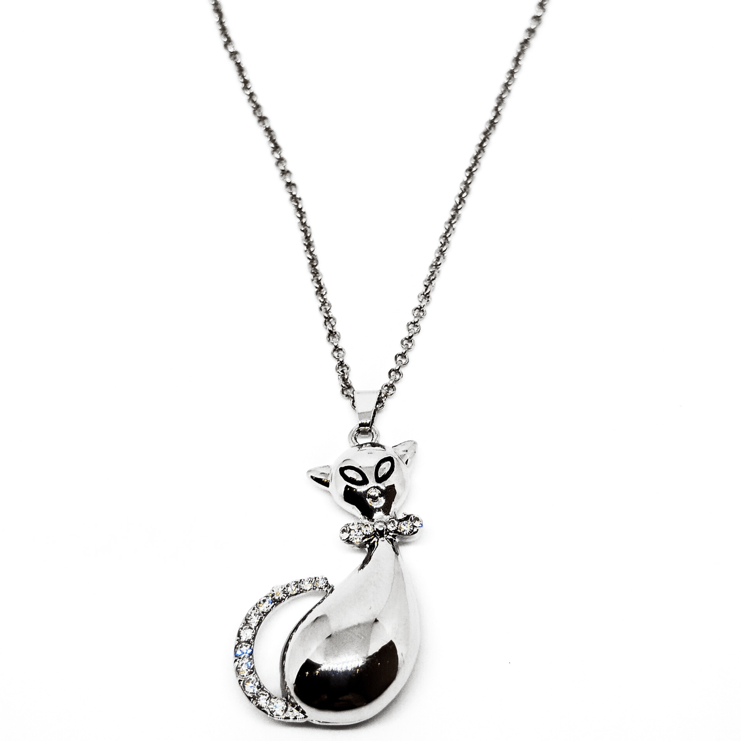 Collier Pendentif Chat Chaîne Couleur Argent Et Strass - Collier