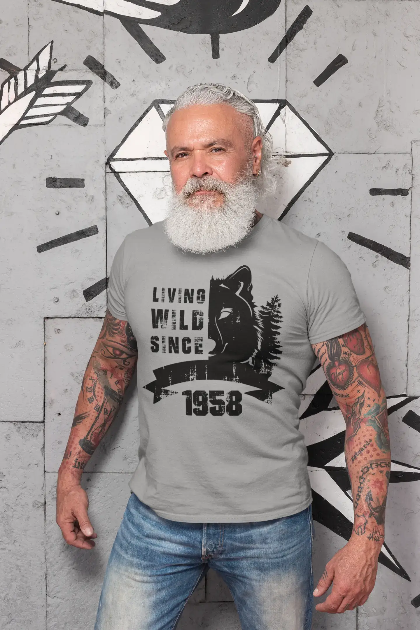 1958, Living Wild Since 1958 T-shirt <span>Homme</span> <span>Gris</span> <span>Cadeau</span> <span>d'anniversaire</span> 00500