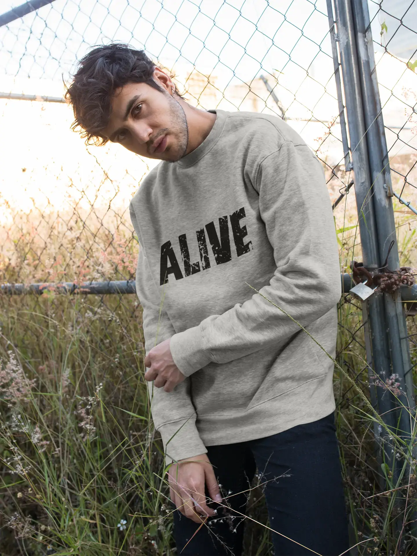 • Bedrucktes Grafik-Sweatshirt für Herren „Popular Words ALIVE Grey Marl“.