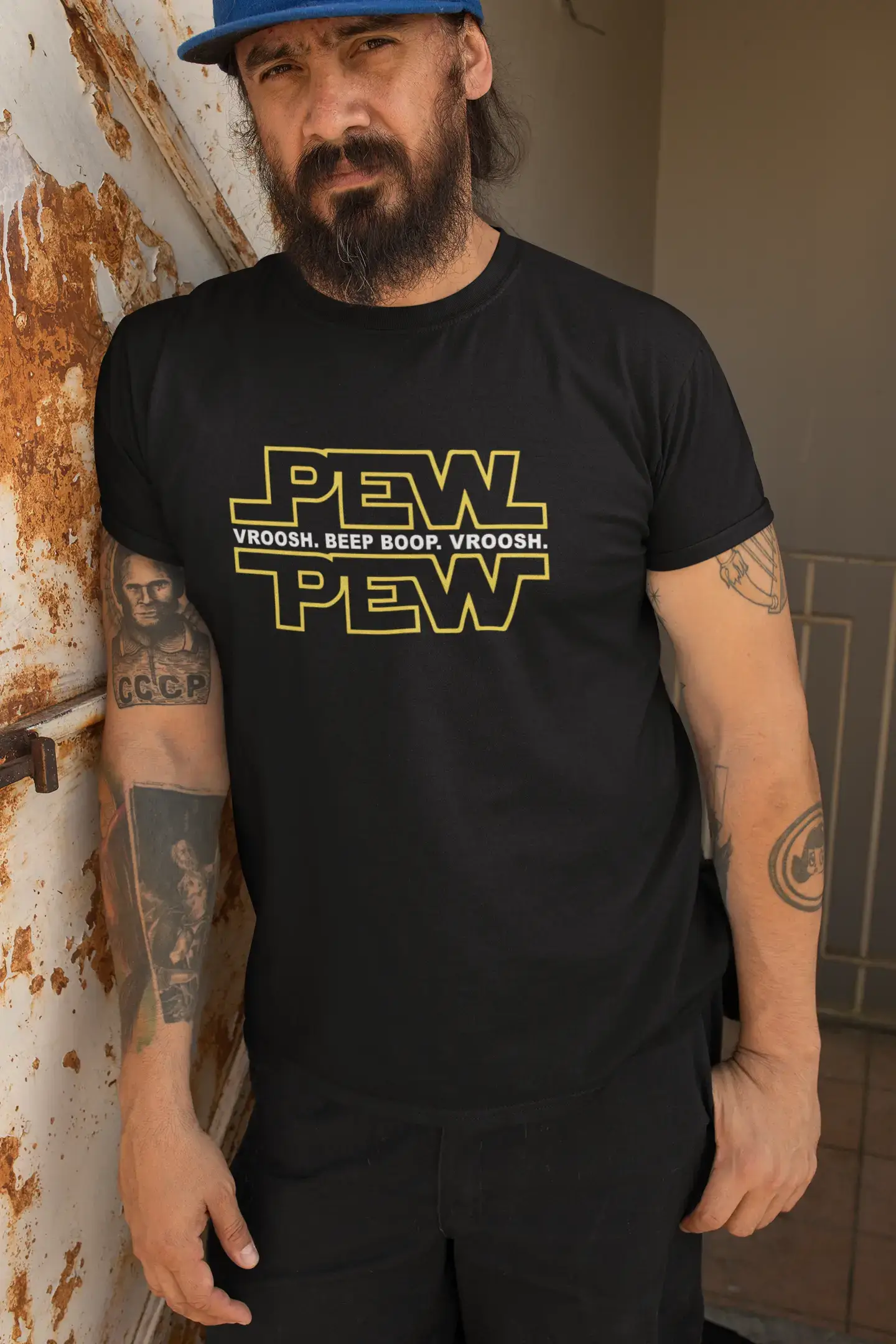 <span>Graphic</span> <span>Men's</span> Pew Pew T-Shirt <span>Citron</span> Lettre Imprimé Tee <span>Noir Profond</span>