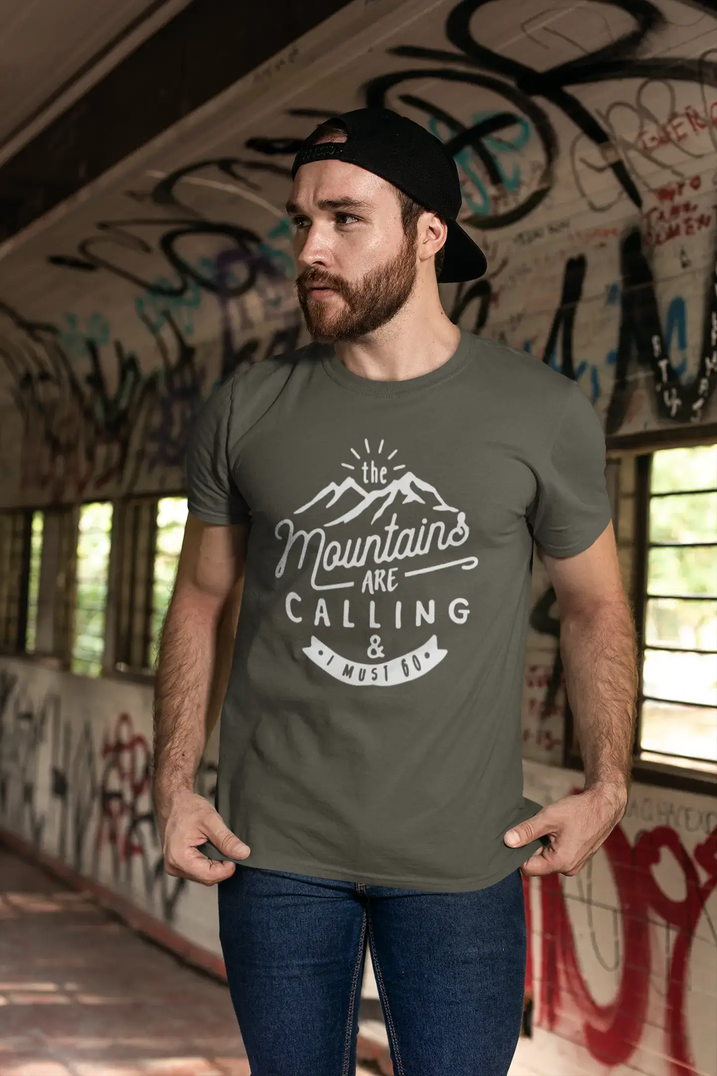 ULTRABASIC - Graphic Printed Men's The Mountains Are Calling And I Must Go Hiking Tee Military Green