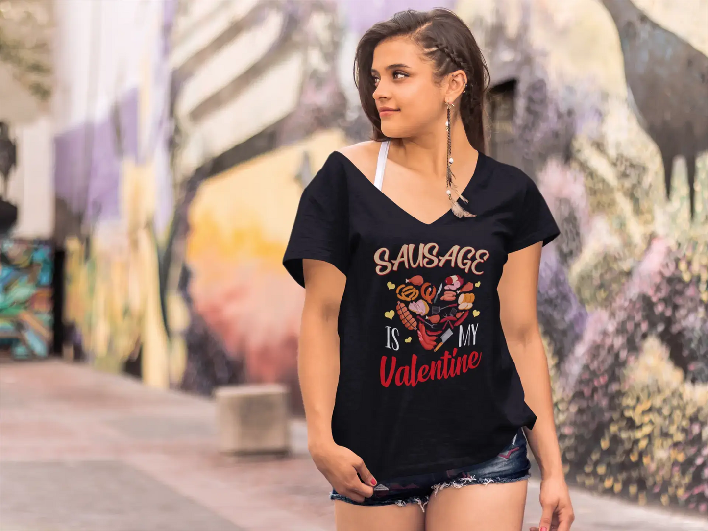 ULTRABASIC Damen T-Shirt Sausage Is My Valentine – Kurzarm-Grafik-T-Shirts zum Valentinstag