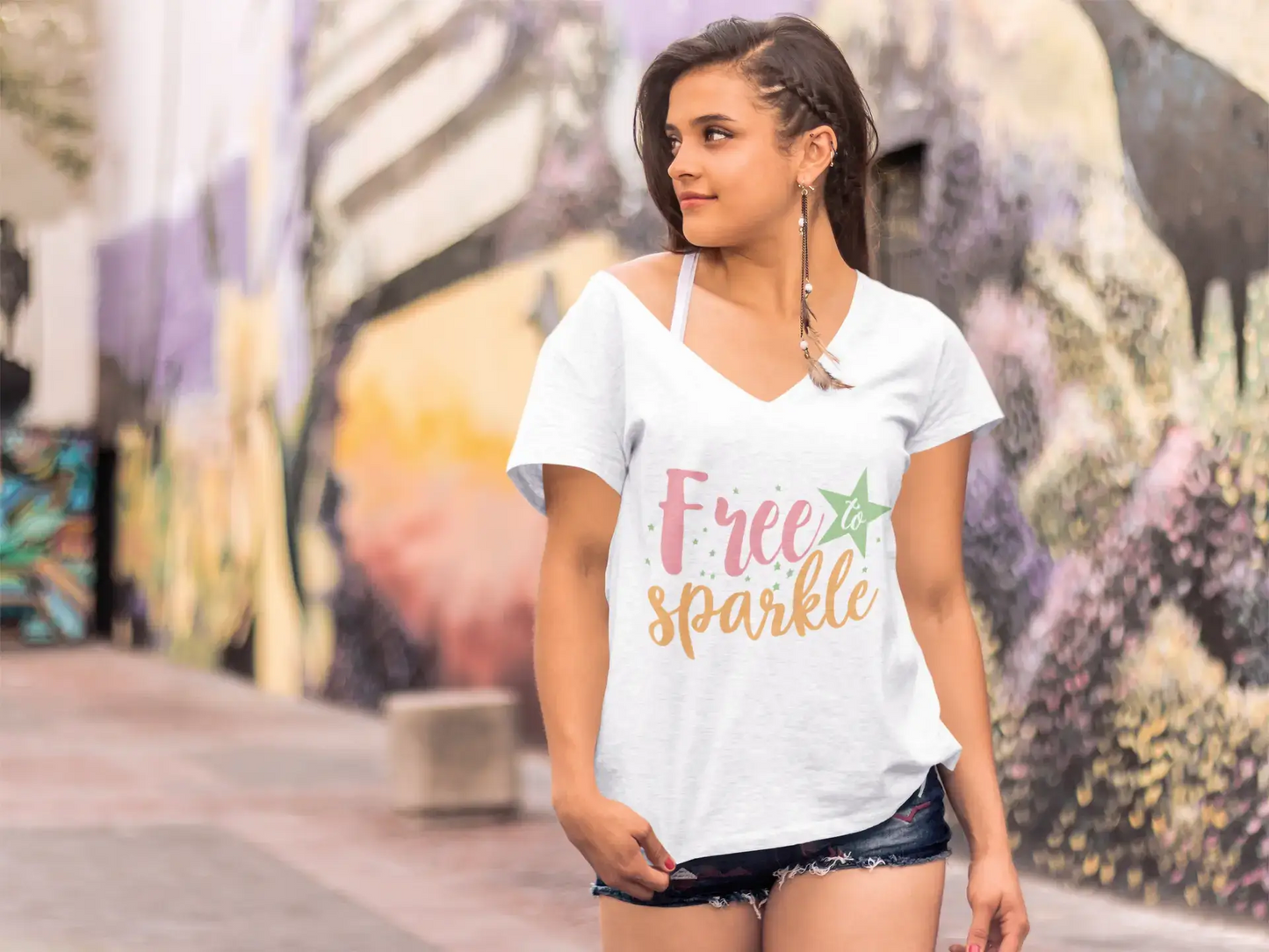 ULTRABASIC Damen T-Shirt Free to Sparkle – Kurzarm-T-Shirt-Oberteile