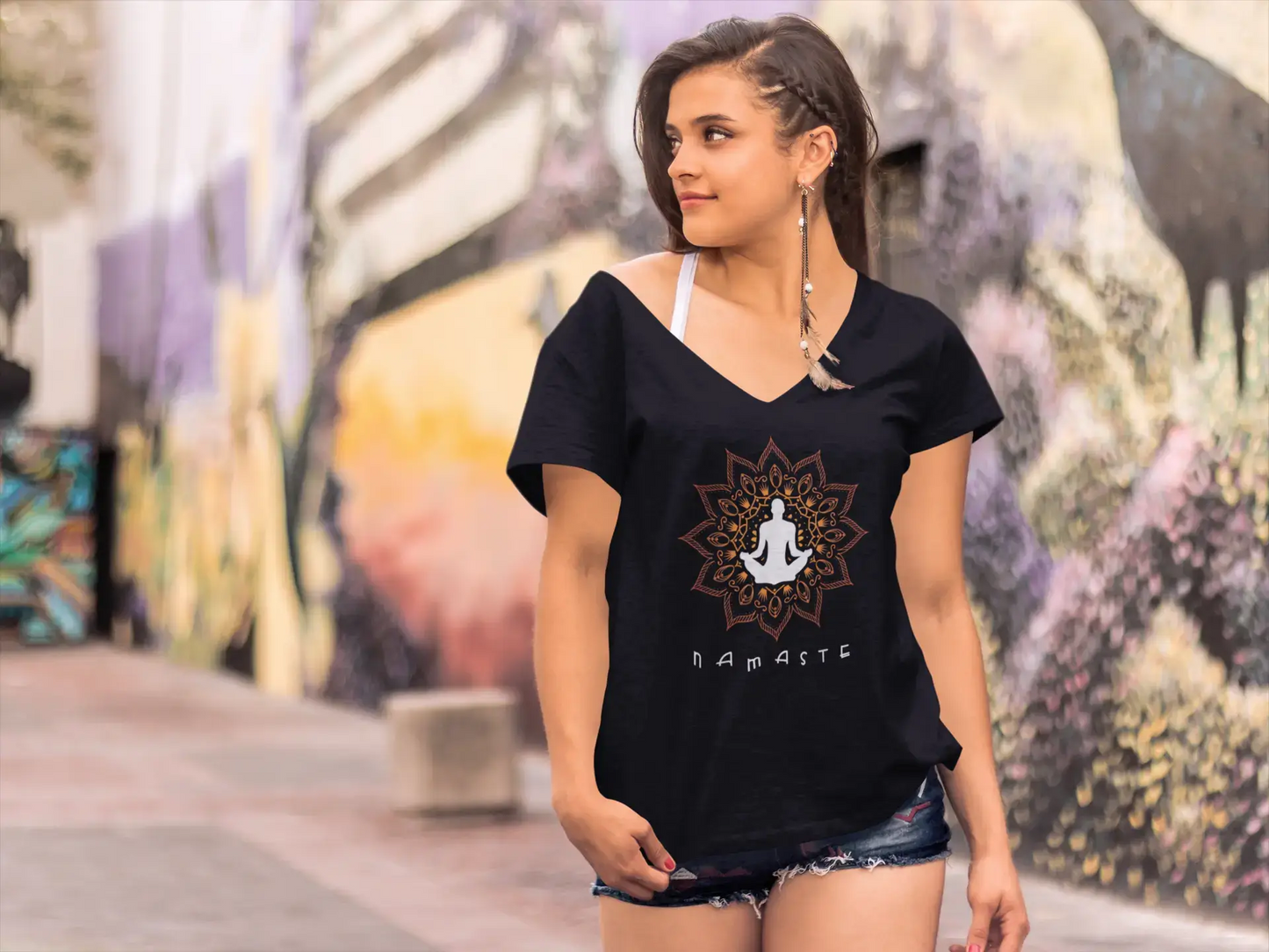 ULTRABASIC Women's V-Neck Mandala Yoga Pose - Funny Yoga Peace Tee Shirt