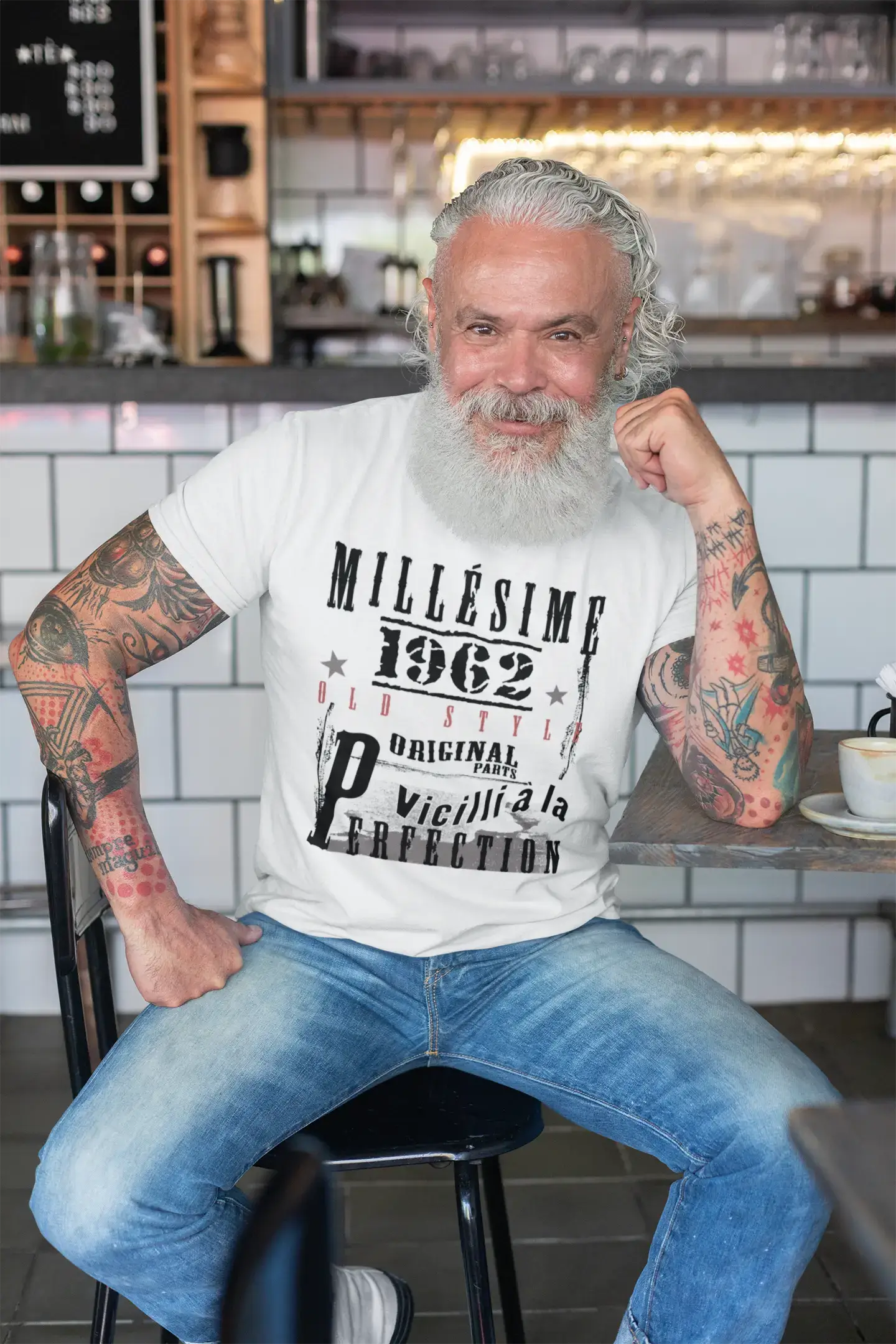 1962, Geburtstagsgeschenke für ihn, Geburtstags-T-Shirts, Herren-Kurzarm-Rundhals-T-Shirt, FR Vintage White Herren 00135