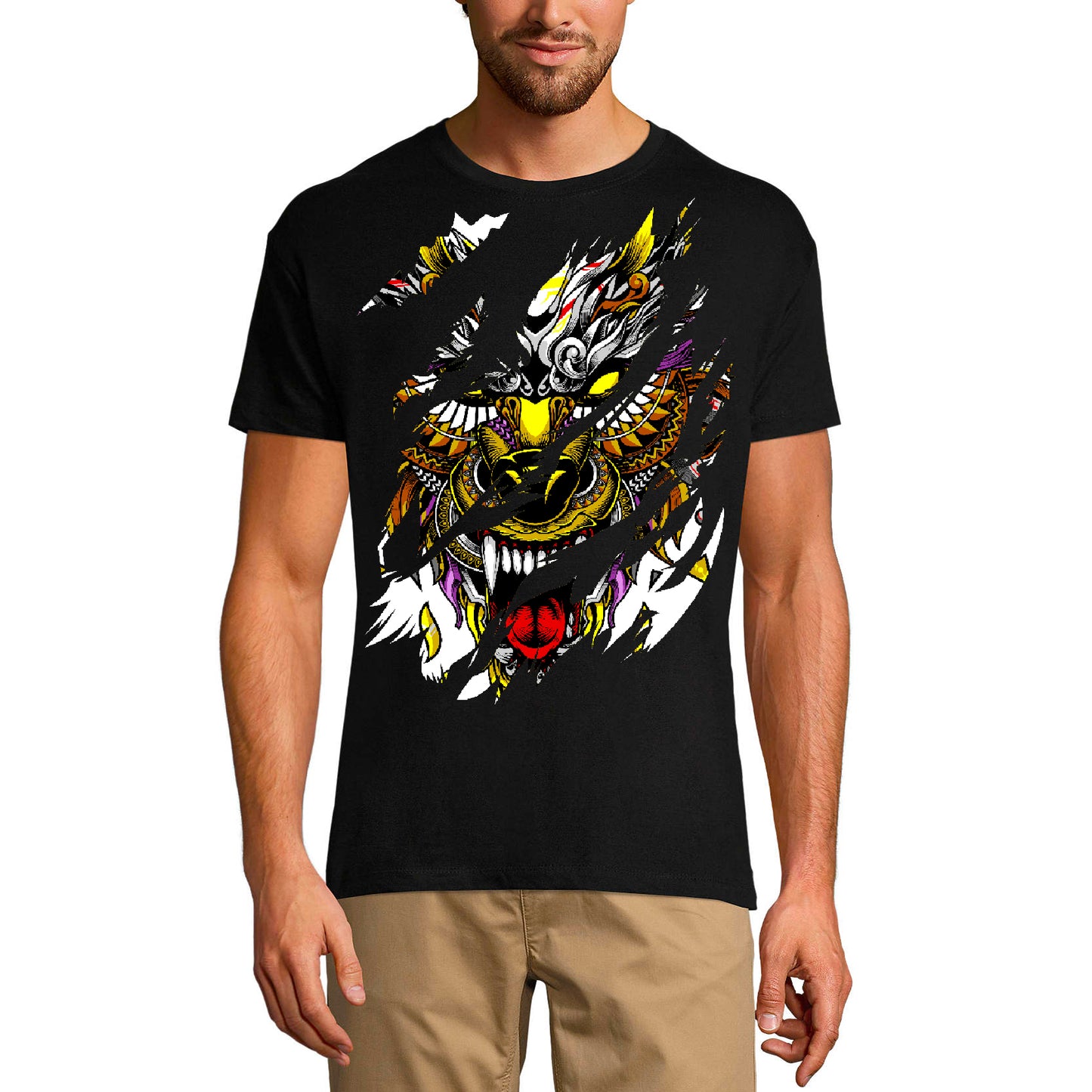 ULTRABASIC Herren Torn T-Shirt Angry Dog Totem – Buntes Vintage-Shirt für Männer