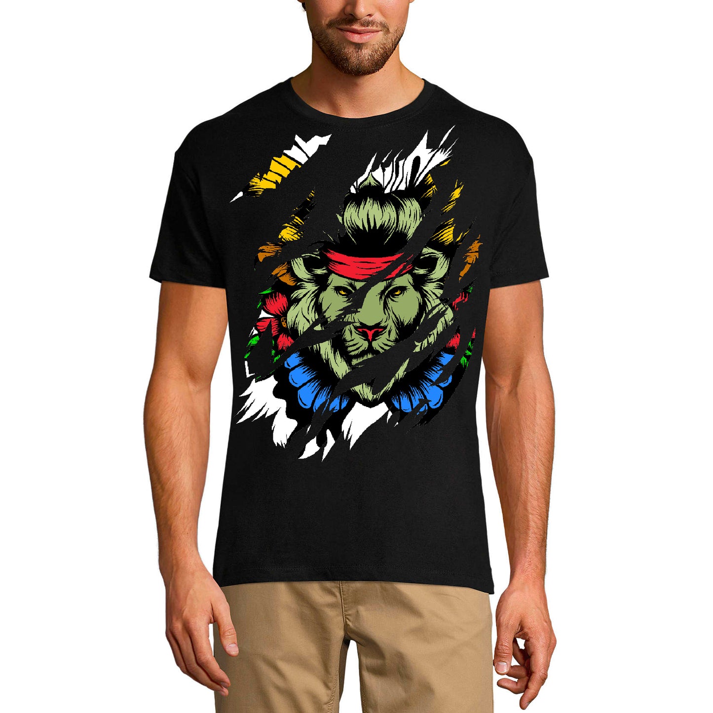ULTRABASIC T-shirt déchiré pour homme Funny Lion – Chemise vintage colorée pour homme