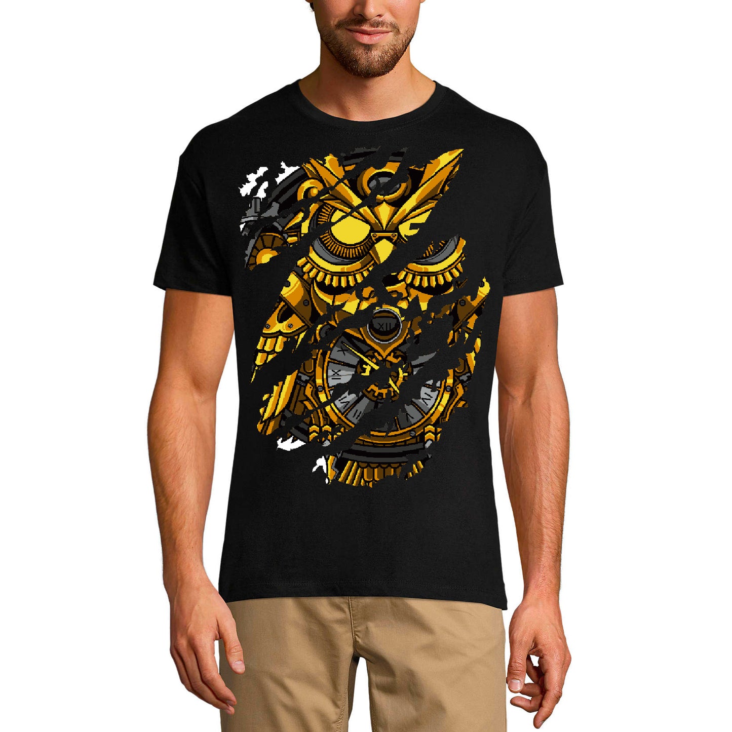 ULTRABASIC Men's Torn T-Shirt Clock Owl - Night Bird Funny Shirt for Men