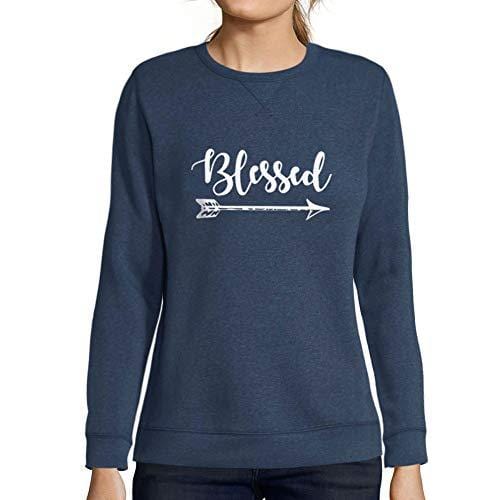 Ultrabasic - Femme Imprimé Graphique Sweat-Shirt Blessed Reconnaissant Action de Grâces Idées Cadeaux Denim