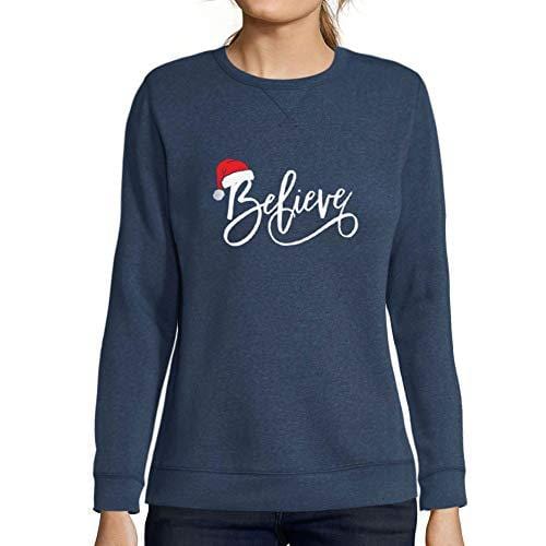 Ultrabasic - Femme Imprimé Graphique Sweat-Shirt Believe Hat Père Noël Pull de Noel Idées Cadeaux