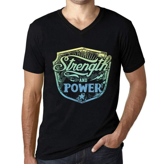 Herren T-Shirt Graphique Imprimé Vintage Col V Tee Strength and Power Noir Profond