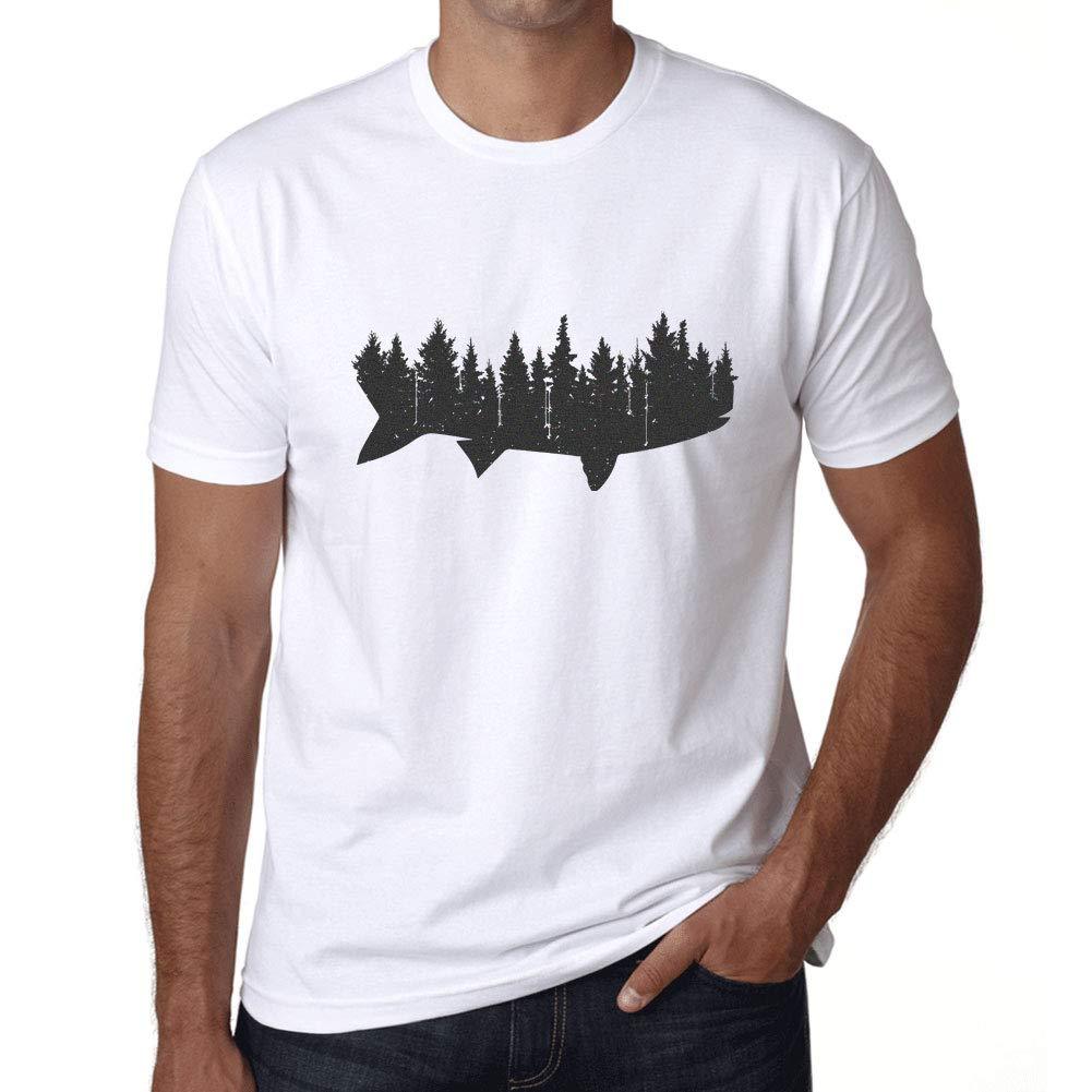 Ultrabasic - Homme T-Shirt Graphique Poisson et Forêt Blanc
