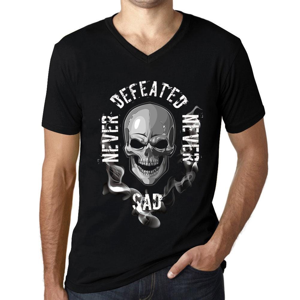 Men&rsquo;s Graphic V-Neck T-Shirt Never Defeated, Never SAD Deep Black - Ultrabasic