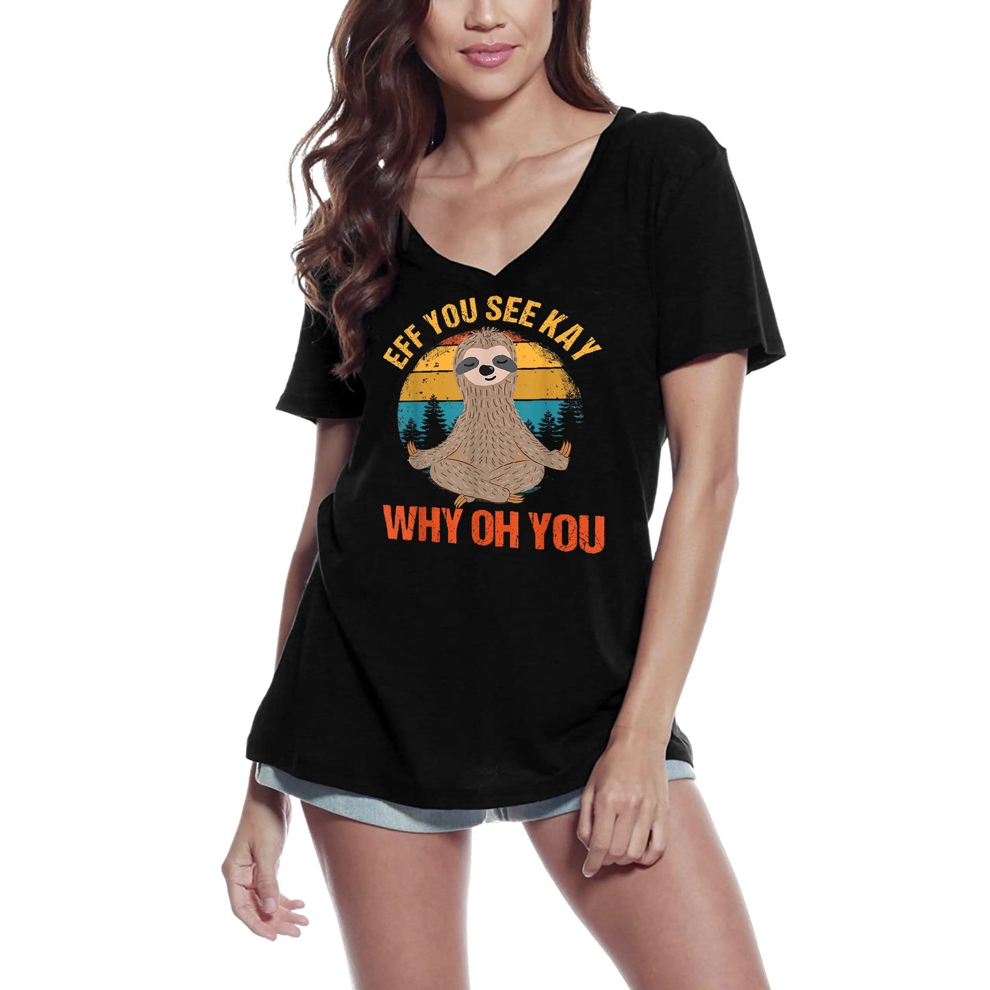 ULTRABASIC T-shirt col en V pour femme Yoga Rétro Paresseux – T-shirt drôle de méditation spirituelle