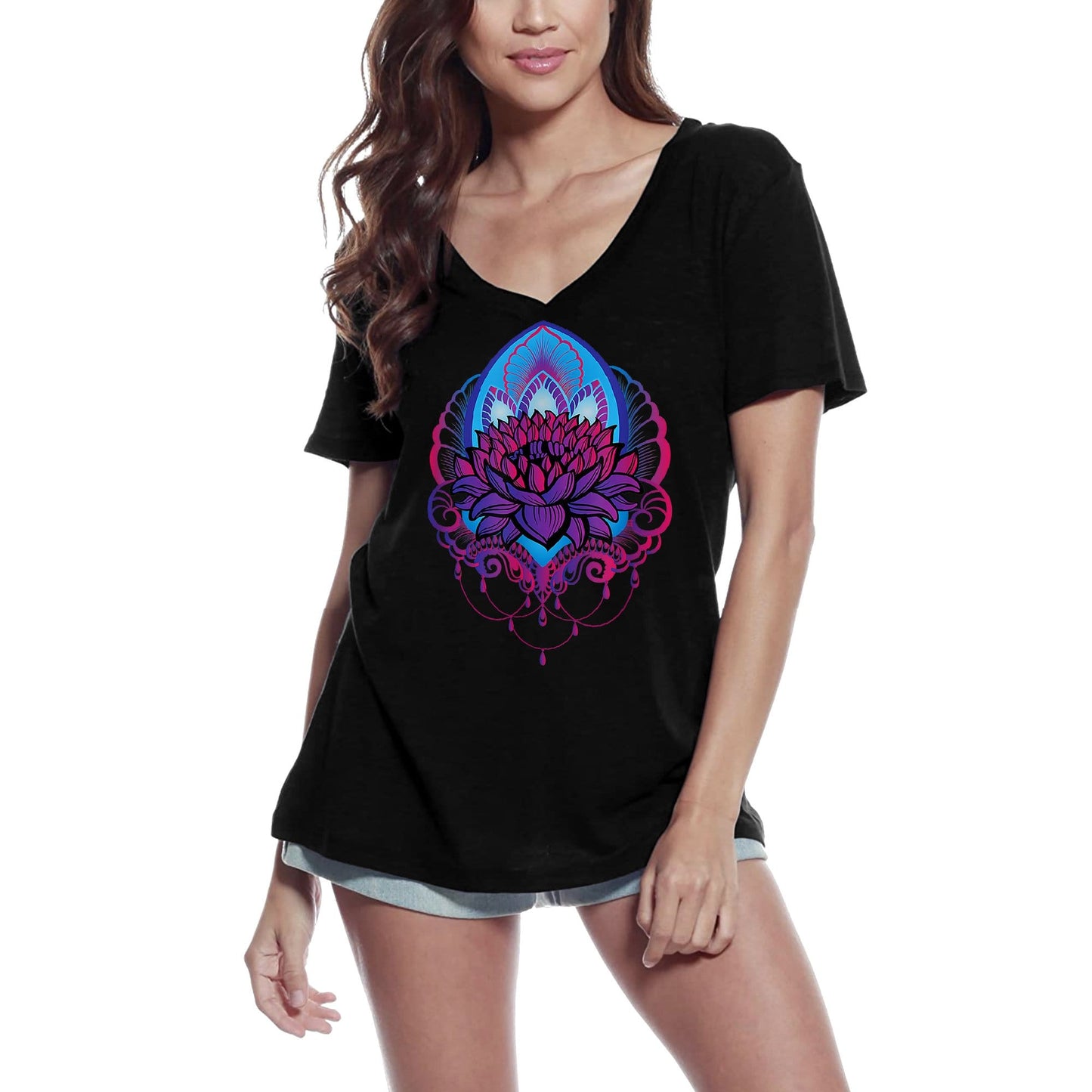 ULTRABASIC T-Shirt col en V pour Femme Fleur de Lotus de Vie - Méditation Spirituelle Yoga Cadeau T-Shirt