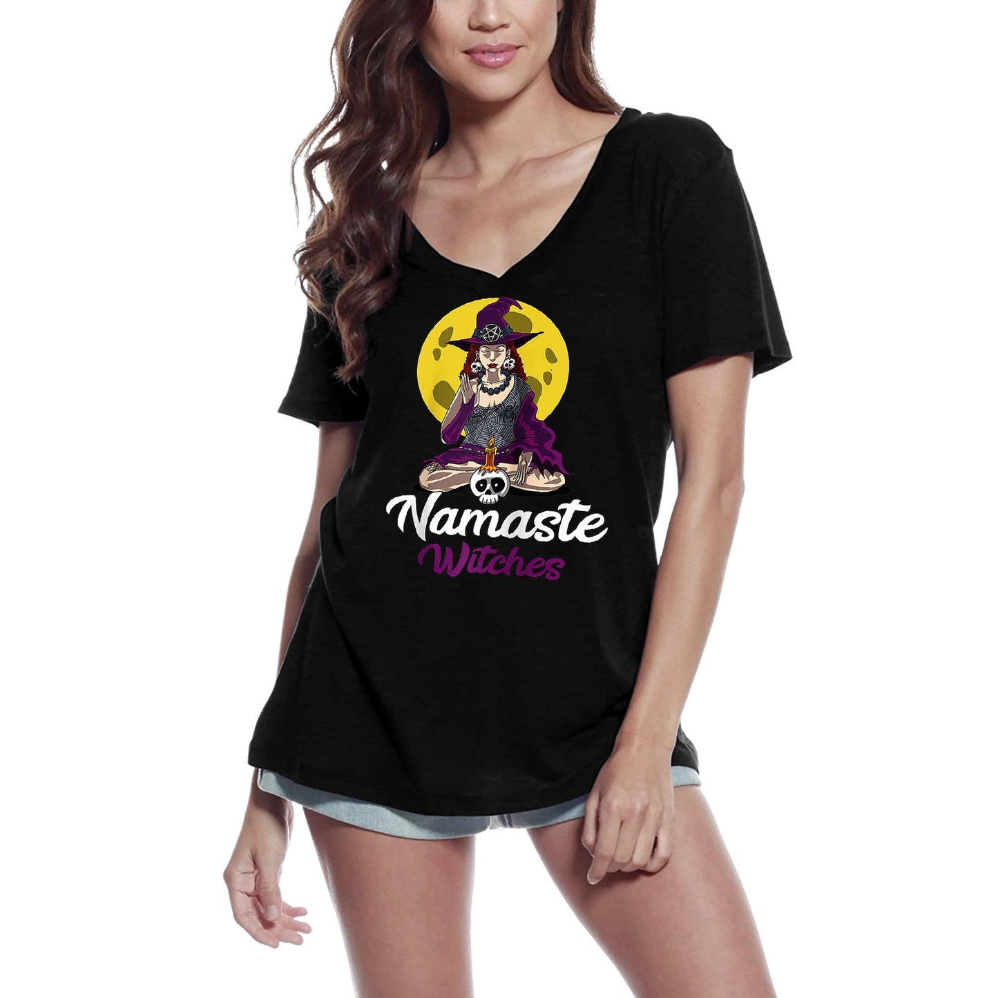 ULTRABASIC Femme Col en V Namaste Witches - Yoga Peace Tee Shirt