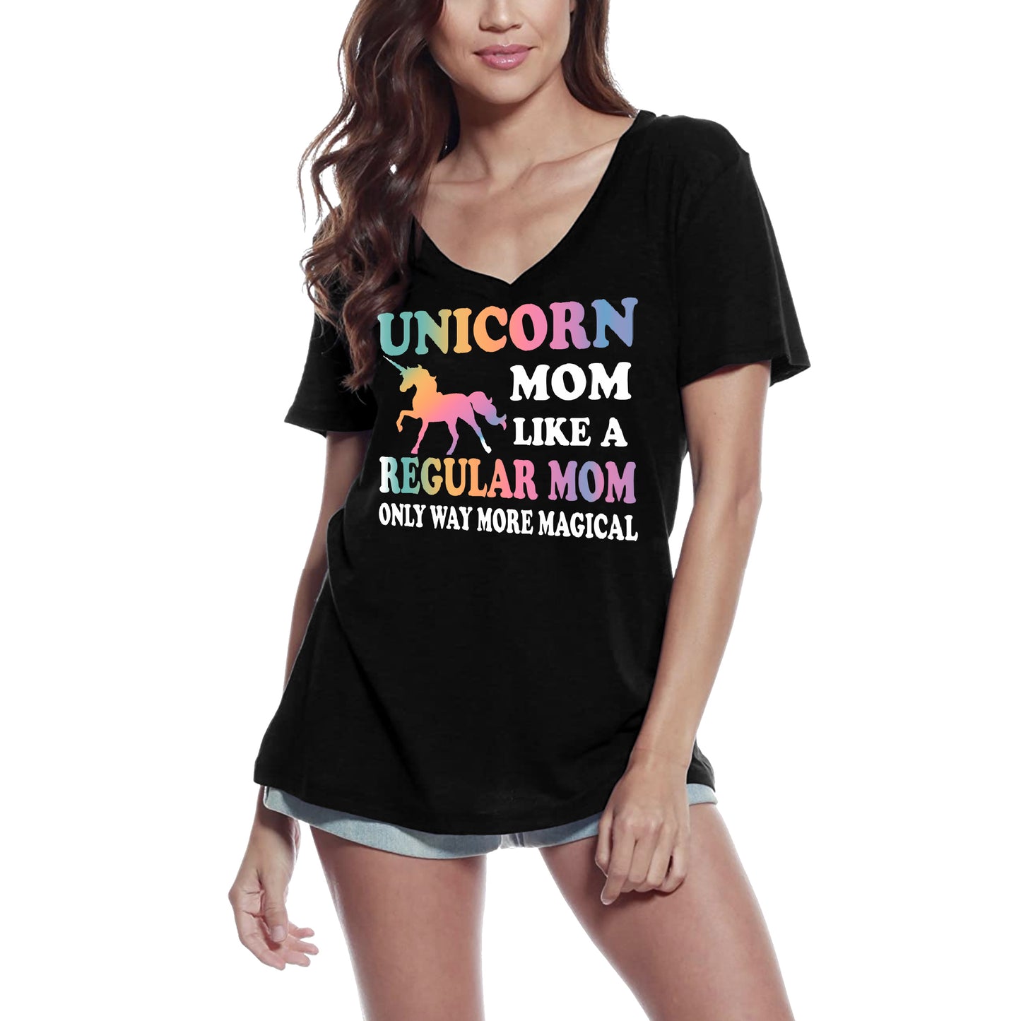 ULTRABASIC Damen-T-Shirt mit V-Ausschnitt, Einhorn-Mutter wie eine normale Mutter – lustiges Zitat