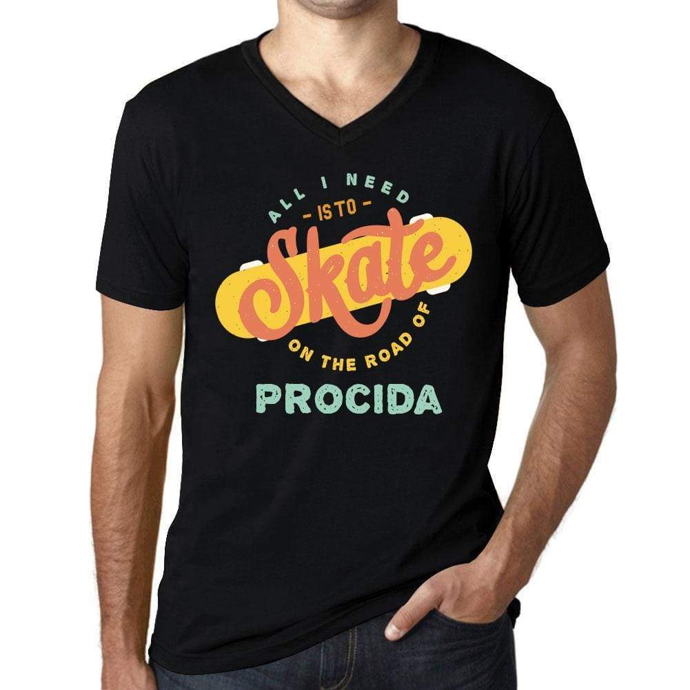 Mens Vintage Tee Shirt Graphic V-Neck T Shirt On The Road Of Procida Black - Black / S / Cotton - T-Shirt