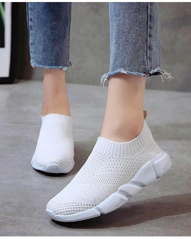 Women Shoes 2020 New Flyknit Sneakers Women Breathable Slip On Flat Shoes Soft Bottom White Sneakers Casual Women Flats Krasovki-Shoes-Ultrabasic