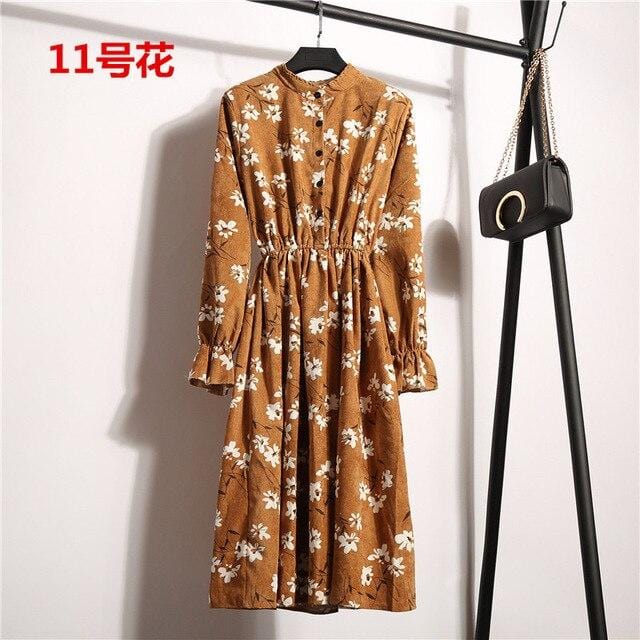 Autumn Dress Women 2019 Corduroy Plus Size Long Sleeve Cotton Dresses Floral Cherry Shirt Tunic Winter Harajuku Mori Party Dress