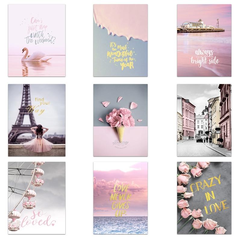 <span>Rosa</span> Poster und Druck, nordische Pariser Landschaft, Wandkunst im Stil, Blütenblatt-Leinwandgemälde für Wohnzimmer, Dekoration, Heimdekoration