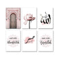 Affiche en toile d'art mural islamique Allah, fleur <span>rose,</span> vieille porte, impression musulmane, peinture décorative nordique, décor de mosquée moderne