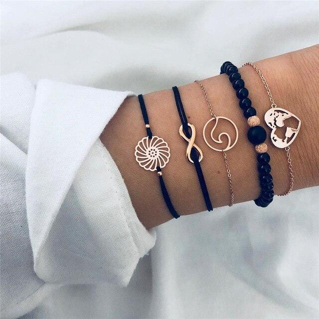 LWMMD 5 teile/satz Böhmischen Liebe Charme Armbänder Armreifen Für Frauen Mode Gold Farbe Strang Armbänder Sets Schmuck böhmischen