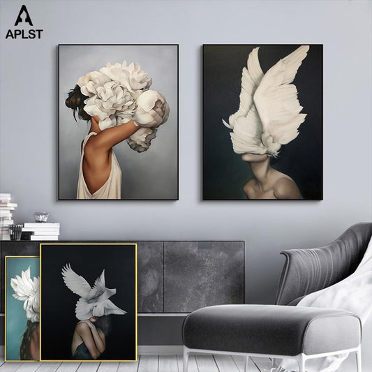 Nude Naked Women Feather Posters and Prints Nordic Figure Canvas Painting Girls Wall Art Flower Pictures for Living Room Bedroom