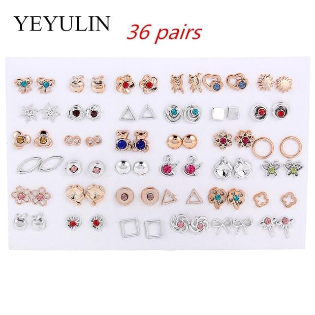 36Pairs/18pairs Earrings Mixed Styles Rhinestone Sun Flower Geometric Animal Plastic Stud Earrings Set For Women Girls Jewelry