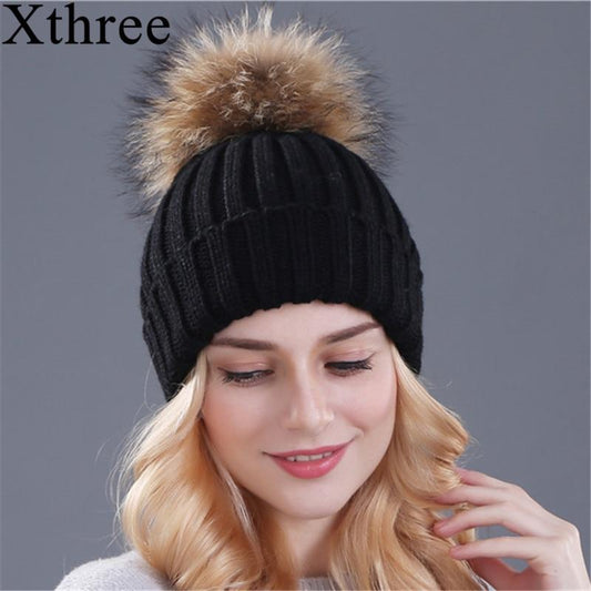 Xtrois vison et fourrure de renard casquette pom poms chapeau d'hiver pour femmes fille chapeau tricoté bonnets casquette flambant neuf épais femme casquette