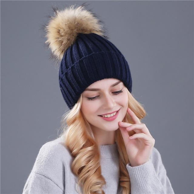 XThree Nerz- und Fuchsfell-Kugelmütze mit Pompons, Wintermütze für Damen und Mädchen, gestrickte Mützen, brandneue dicke Damenmütze