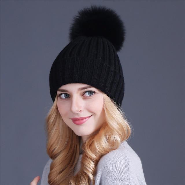 XThree Nerz- und Fuchsfell-Kugelmütze mit Pompons, Wintermütze für Damen und Mädchen, gestrickte Mützen, brandneue dicke Damenmütze