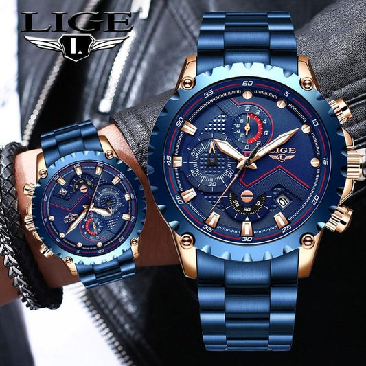 Marca superior lige men relógios moda azul aço inoxidável à prova dwaterproof água relógio esporte masculino cronógrafo reloj hombre