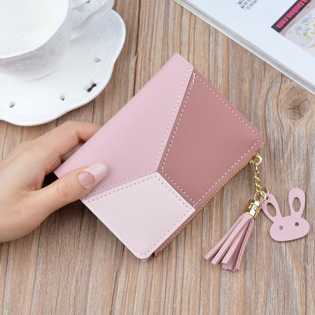 Geometric Women Wallets with Zipper Pink Phone Pocket Purse Card Holder Patchwork Women Long Wallet Lady Tassel Short Coin Purse