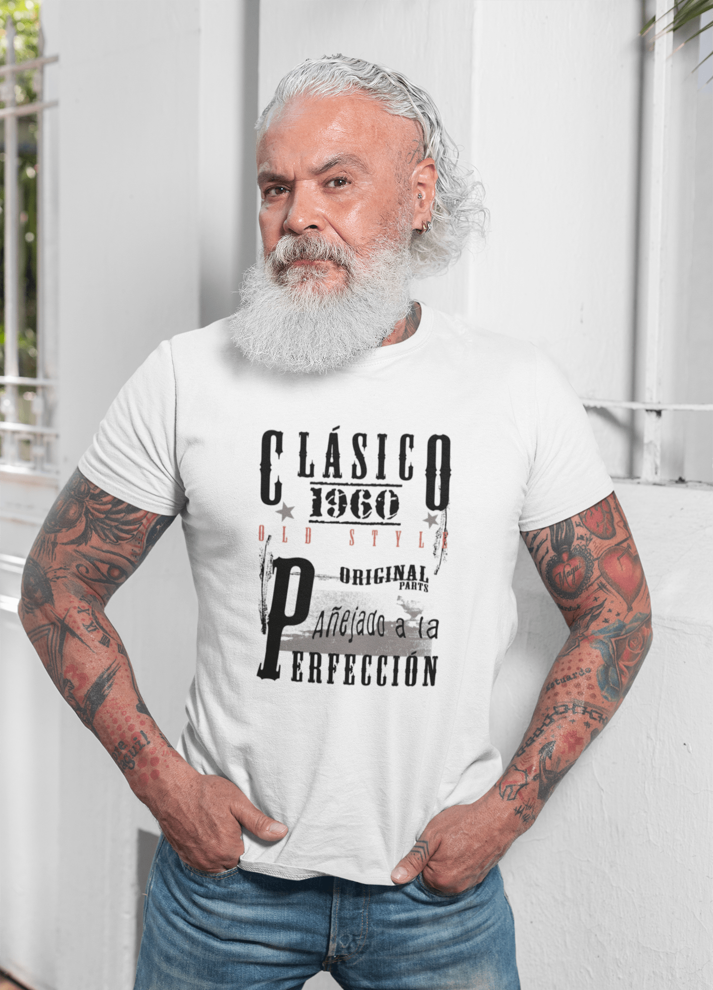 Aged To Perfection, Spanisch, 1960, Weiß, Herren-Kurzarm-Rundhals-T-Shirt, Geschenk-T-Shirt 00361